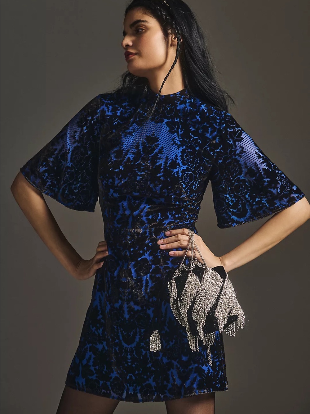 New Anthropologie Short-Sleeve Mock-Neck Velvet Mini Dress Size 12- Blue